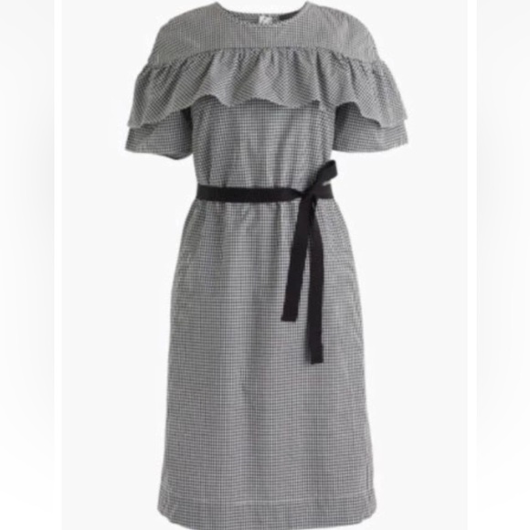 J. Crew Edie Micro Gingham Shift Dress Black White Checkered Ruffle Cotton 6P - Picture 2 of 11